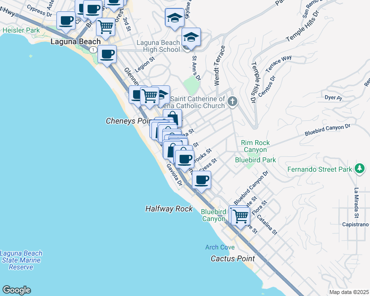 map of restaurants, bars, coffee shops, grocery stores, and more near 1044 Catalina Street in Laguna Beach