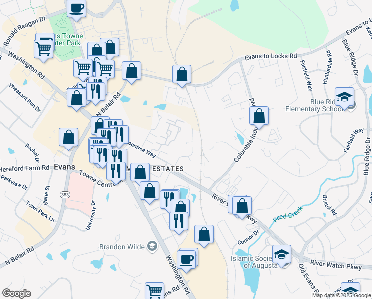 map of restaurants, bars, coffee shops, grocery stores, and more near 428 Evans Mill Court in Evans