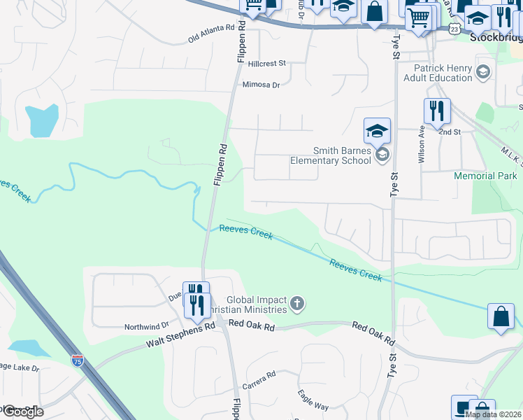 map of restaurants, bars, coffee shops, grocery stores, and more near 702 Addy Cove in Stockbridge