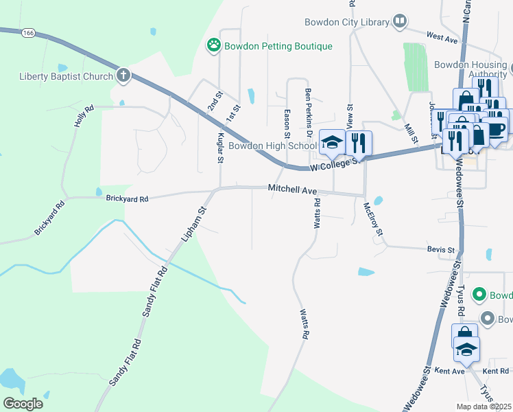 map of restaurants, bars, coffee shops, grocery stores, and more near 611 Mitchell Avenue in Bowdon