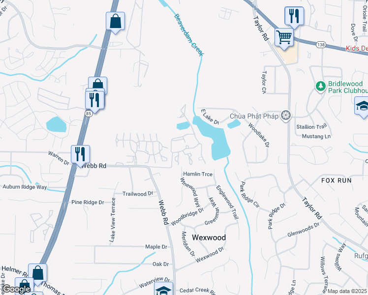 map of restaurants, bars, coffee shops, grocery stores, and more near 8104 Webb Road in Riverdale