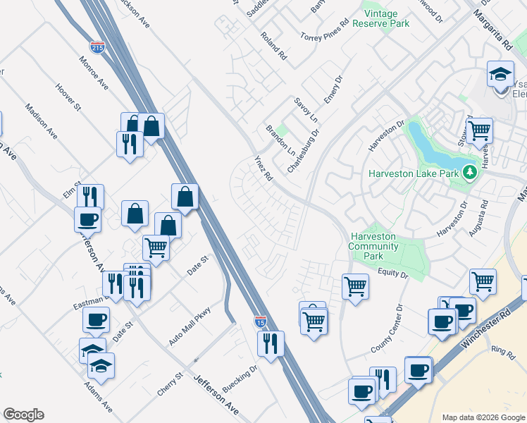 map of restaurants, bars, coffee shops, grocery stores, and more near 40540 Melrose Drive in Temecula