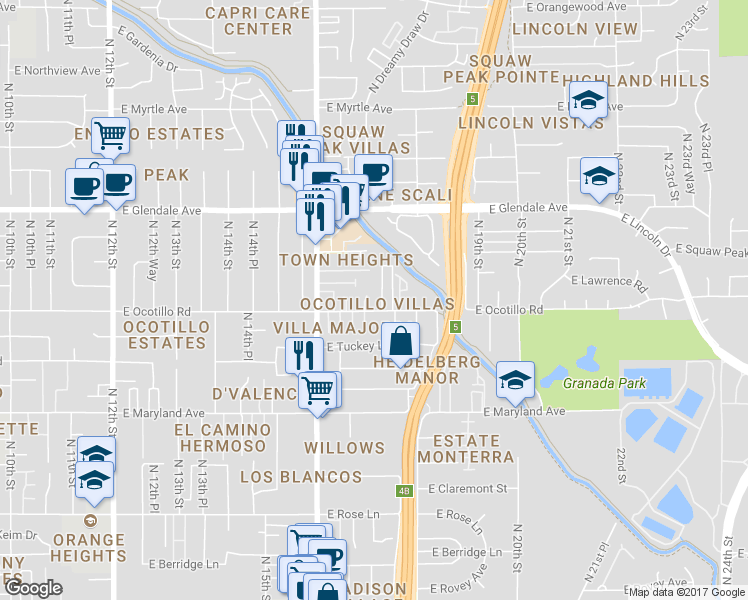 map of restaurants, bars, coffee shops, grocery stores, and more near 1702 East Ocotillo Road in Phoenix