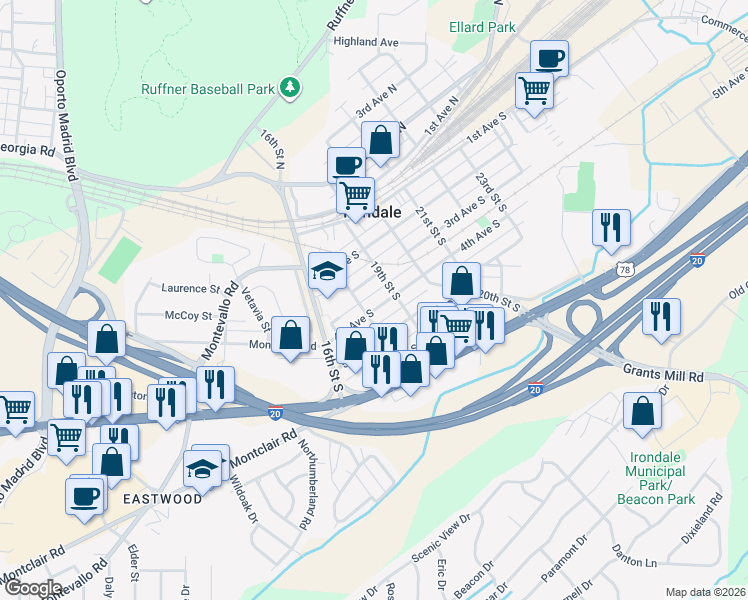 map of restaurants, bars, coffee shops, grocery stores, and more near in Irondale