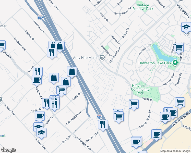 map of restaurants, bars, coffee shops, grocery stores, and more near 28042 Oakdale Drive in Temecula