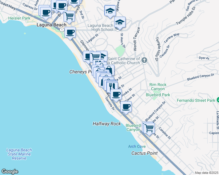 map of restaurants, bars, coffee shops, grocery stores, and more near 1029 Glenneyre Street in Laguna Beach