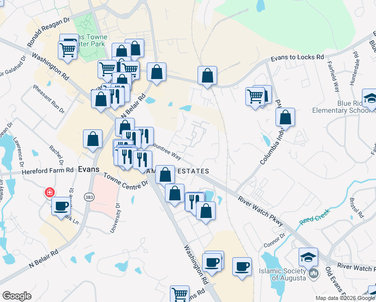 map of restaurants, bars, coffee shops, grocery stores, and more near 2506 Freeman Avenue in Evans