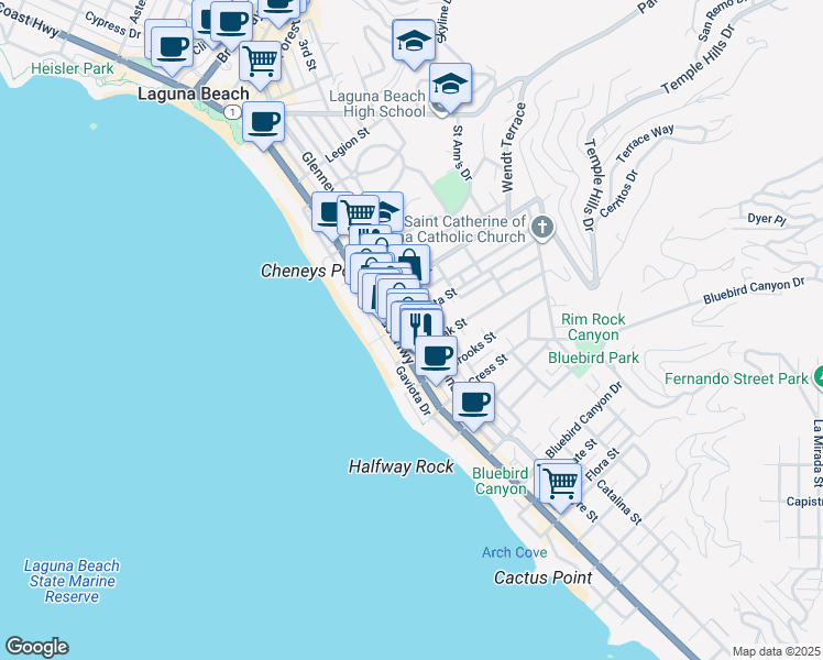 map of restaurants, bars, coffee shops, grocery stores, and more near 1029 Glenneyre Street in Laguna Beach
