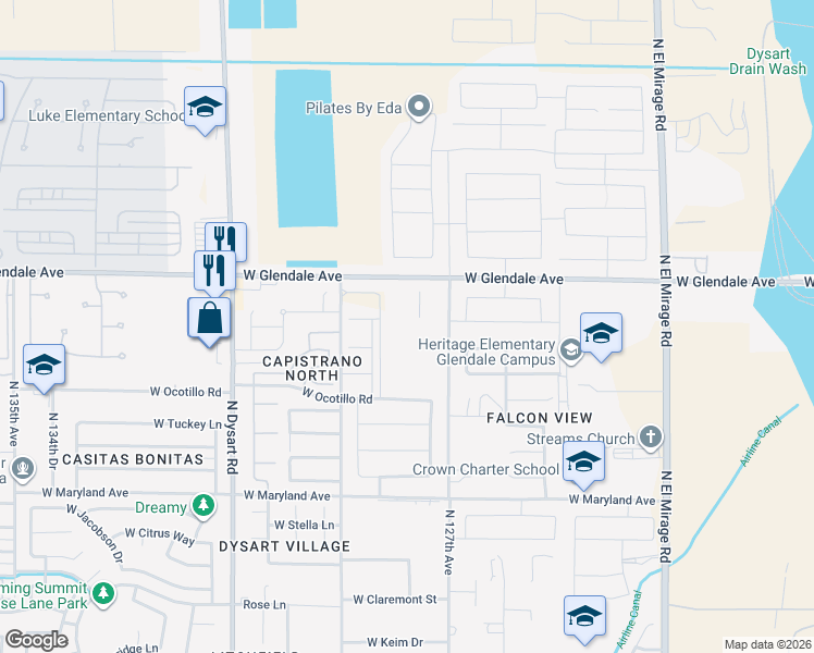 map of restaurants, bars, coffee shops, grocery stores, and more near 12727 West Glendale Avenue in Glendale