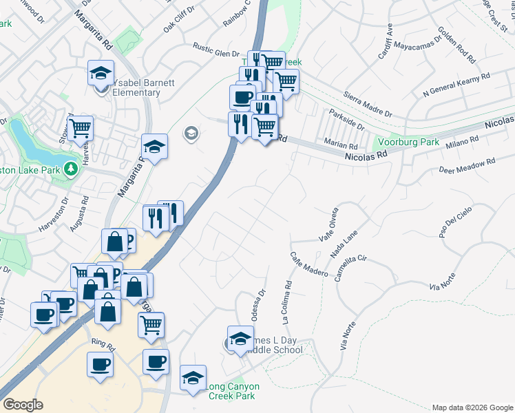 map of restaurants, bars, coffee shops, grocery stores, and more near 27463 Dandelion Court in Temecula