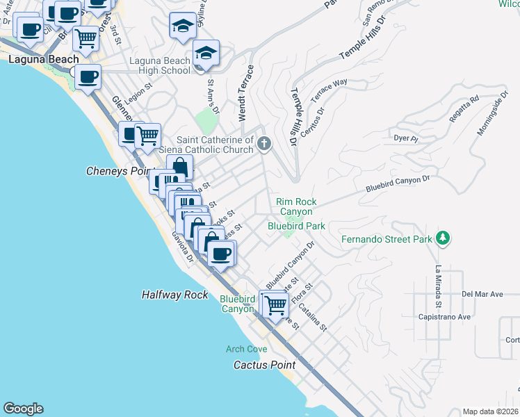 map of restaurants, bars, coffee shops, grocery stores, and more near 1260 Brangwyn Way in Laguna Beach