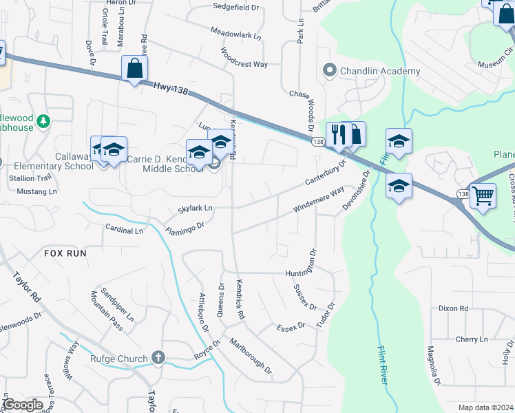 map of restaurants, bars, coffee shops, grocery stores, and more near 193 West Canterbury Drive in Jonesboro