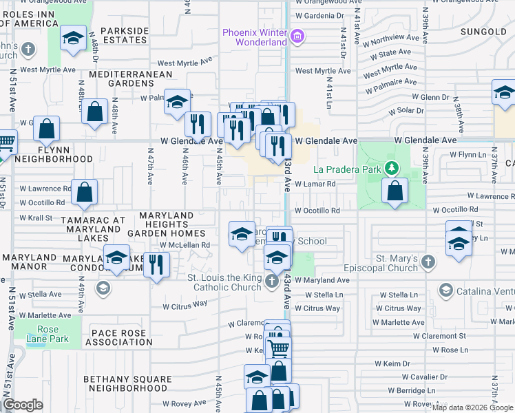 map of restaurants, bars, coffee shops, grocery stores, and more near 6719 North 44th Avenue in Glendale