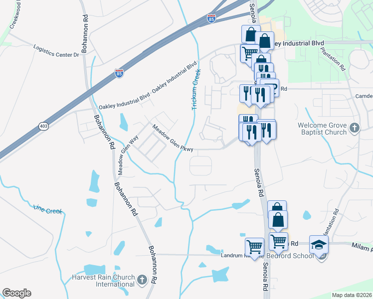 map of restaurants, bars, coffee shops, grocery stores, and more near 504 Meadow Glen Way in Fairburn