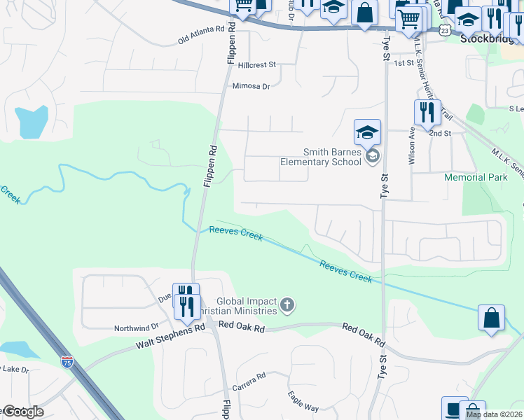 map of restaurants, bars, coffee shops, grocery stores, and more near 186 Glynn Addy Drive in Stockbridge