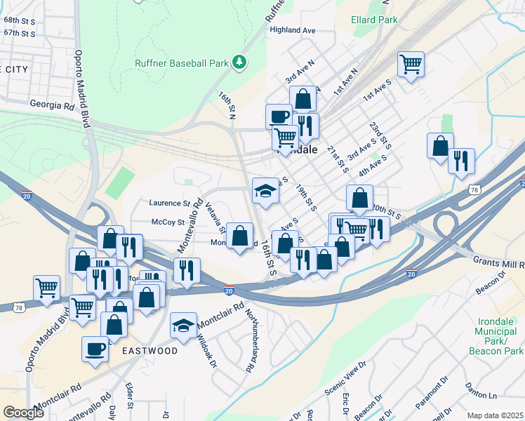 map of restaurants, bars, coffee shops, grocery stores, and more near 225 16th Street South in Irondale