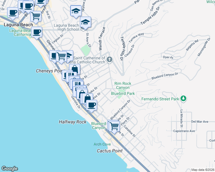 map of restaurants, bars, coffee shops, grocery stores, and more near 1215 Brangwyn Way in Laguna Beach