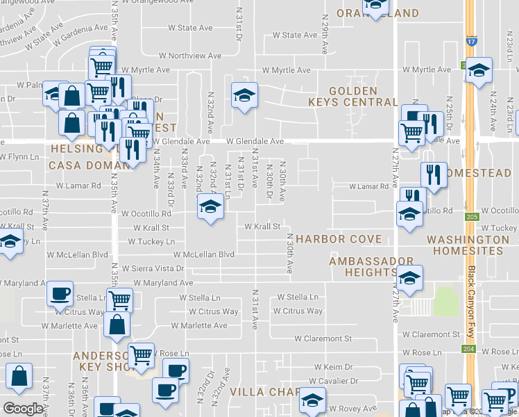 map of restaurants, bars, coffee shops, grocery stores, and more near 3024 West Ocotillo Road in Phoenix