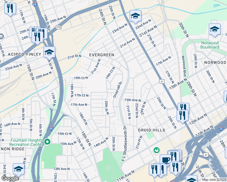 map of restaurants, bars, coffee shops, grocery stores, and more near 1605 20th Street North in Birmingham