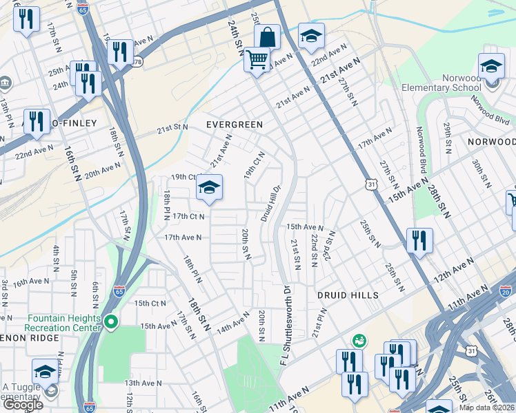 map of restaurants, bars, coffee shops, grocery stores, and more near 1605 20th Street North in Birmingham
