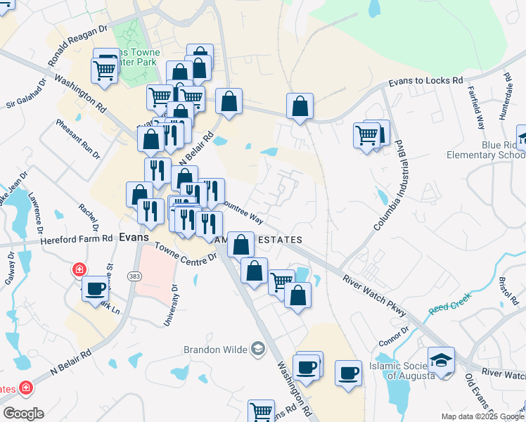 map of restaurants, bars, coffee shops, grocery stores, and more near 1000 Alder Way in Evans