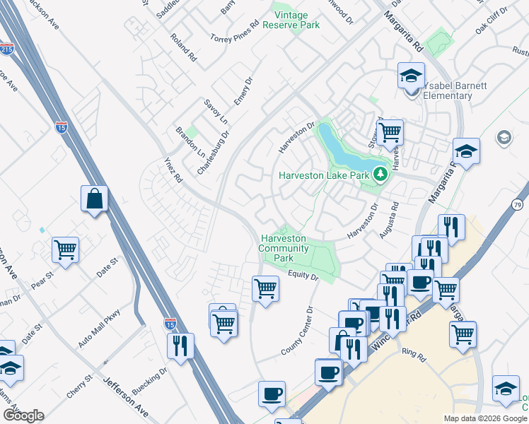 map of restaurants, bars, coffee shops, grocery stores, and more near 40334 Corrigan Place in Temecula