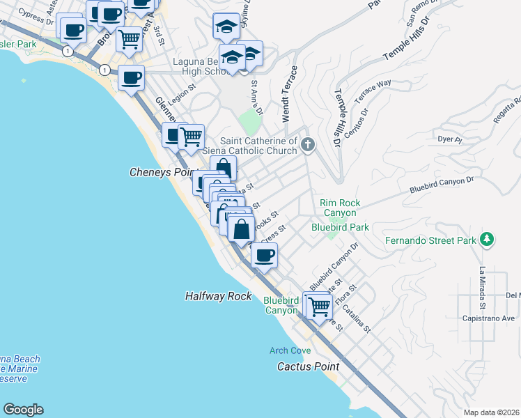 map of restaurants, bars, coffee shops, grocery stores, and more near 513 Oak Street in Laguna Beach