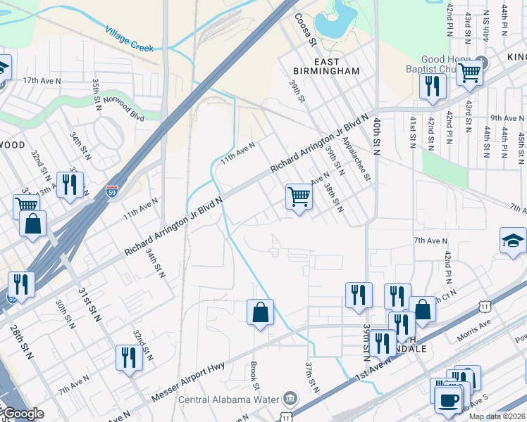 map of restaurants, bars, coffee shops, grocery stores, and more near 3625 9th Avenue North in Birmingham