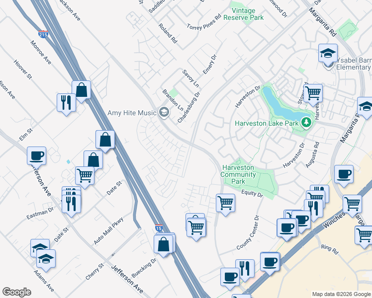 map of restaurants, bars, coffee shops, grocery stores, and more near 28267 Ashtree Street in Temecula