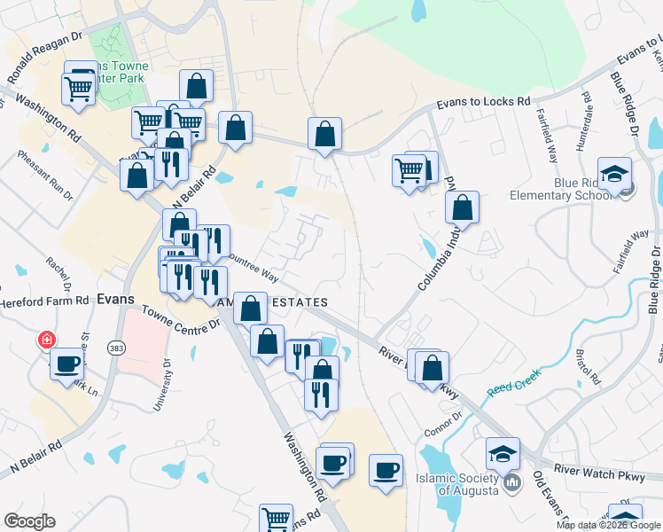 map of restaurants, bars, coffee shops, grocery stores, and more near 428 Evans Mill Court in Evans