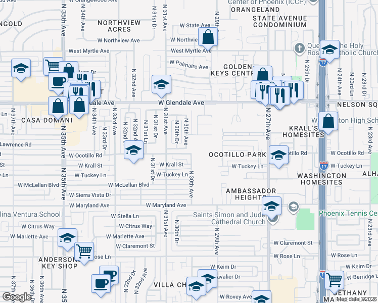 map of restaurants, bars, coffee shops, grocery stores, and more near 6705 North 30th Avenue in Phoenix