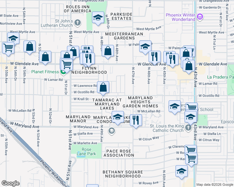 map of restaurants, bars, coffee shops, grocery stores, and more near 4800 West Ocotillo Road in Glendale
