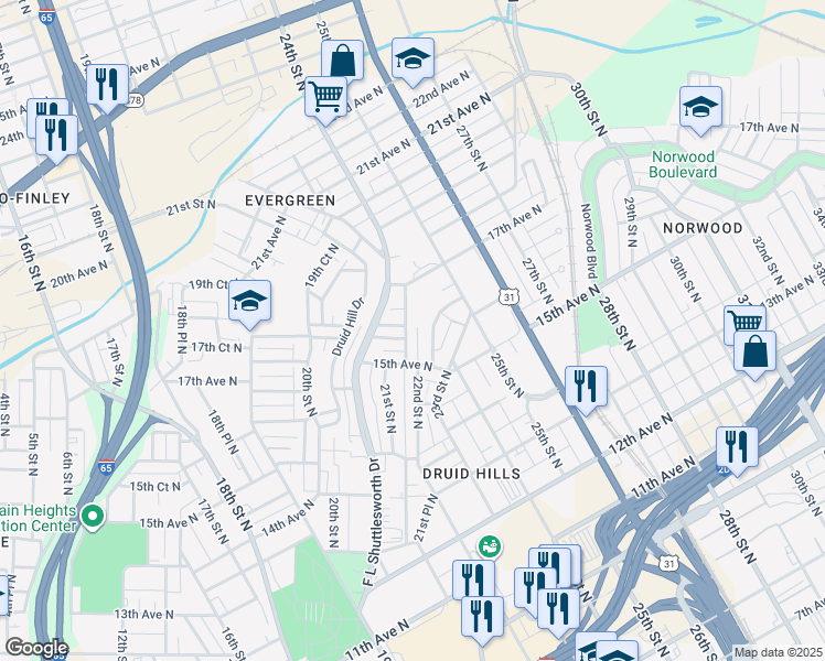 map of restaurants, bars, coffee shops, grocery stores, and more near 1601 21st Place North in Birmingham