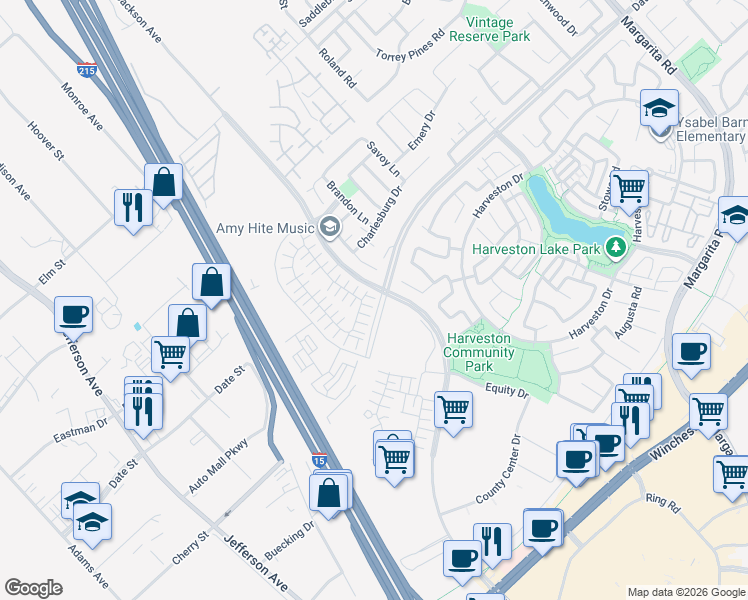 map of restaurants, bars, coffee shops, grocery stores, and more near 28267 Ashtree Street in Temecula