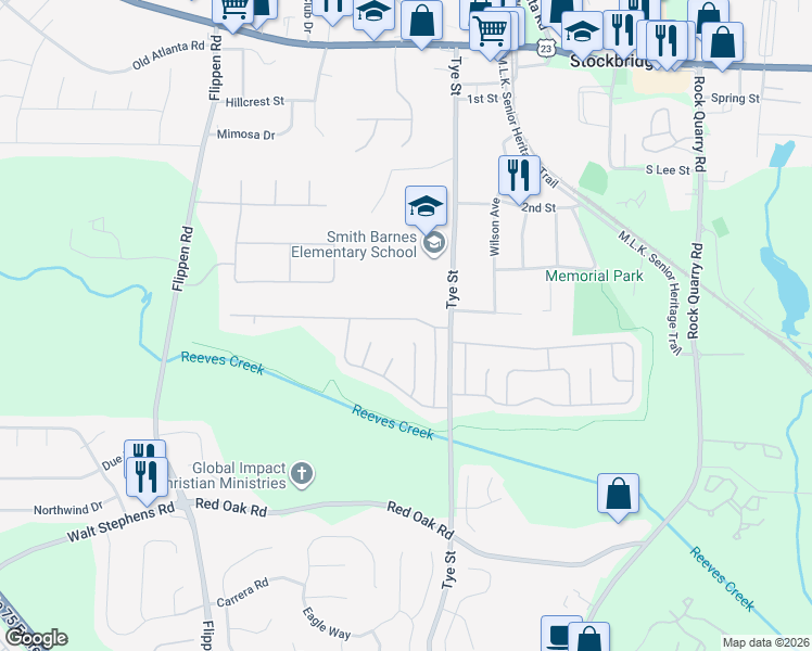 map of restaurants, bars, coffee shops, grocery stores, and more near 116 Glynn Addy Drive in Stockbridge
