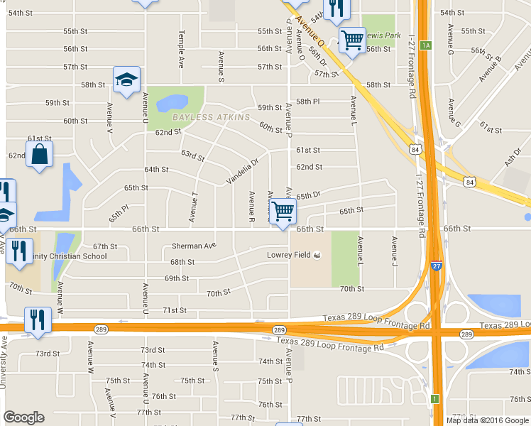 map of restaurants, bars, coffee shops, grocery stores, and more near 6434 Avenue Q in Lubbock
