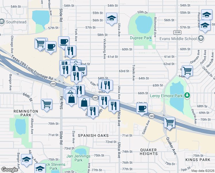 map of restaurants, bars, coffee shops, grocery stores, and more near 4902 65th St in Lubbock