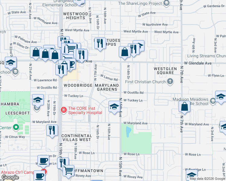 map of restaurants, bars, coffee shops, grocery stores, and more near 1515 West Lawrence Road in Phoenix