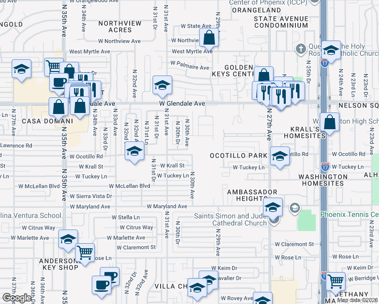 map of restaurants, bars, coffee shops, grocery stores, and more near 6705 North 30th Avenue in Phoenix