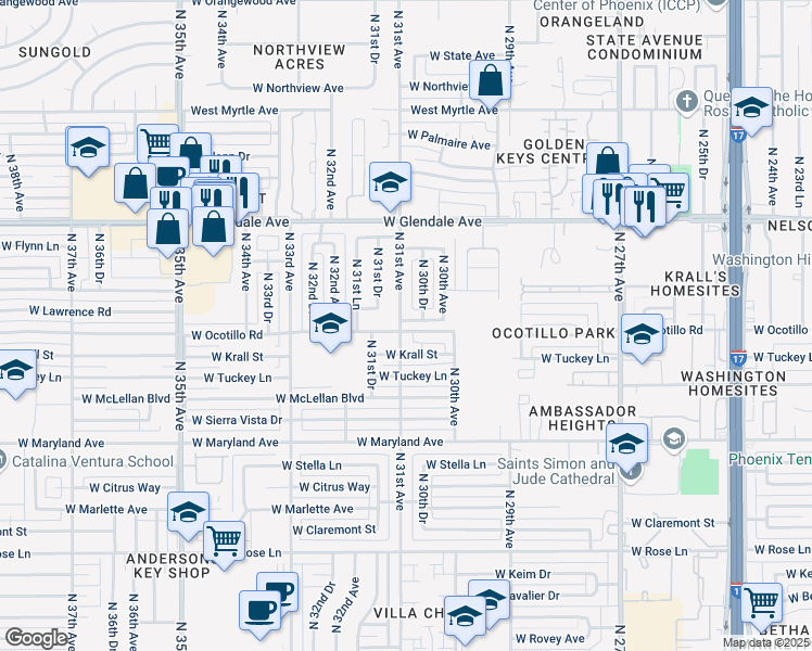 map of restaurants, bars, coffee shops, grocery stores, and more near 3024 West Ocotillo Road in Phoenix