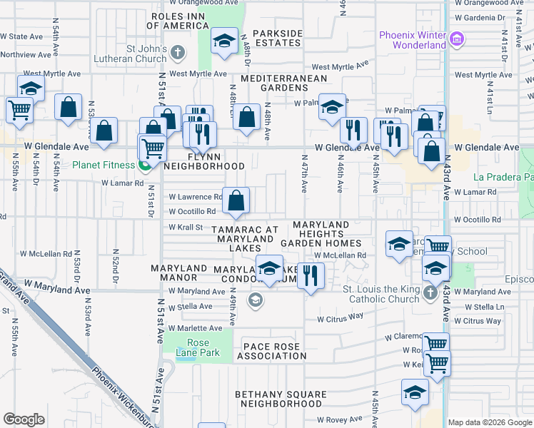 map of restaurants, bars, coffee shops, grocery stores, and more near 4800 West Ocotillo Road in Glendale