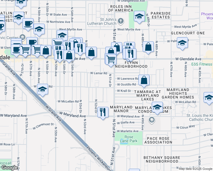 map of restaurants, bars, coffee shops, grocery stores, and more near 5141 West Lamar Road in Glendale