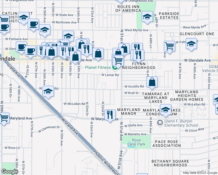 map of restaurants, bars, coffee shops, grocery stores, and more near 5141 West Lamar Road in Glendale