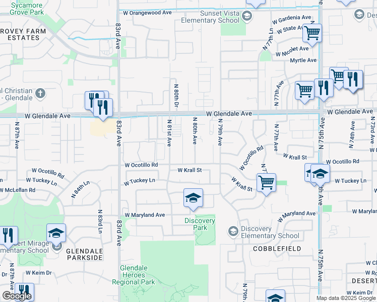 map of restaurants, bars, coffee shops, grocery stores, and more near 6737 North 80th Avenue in Glendale