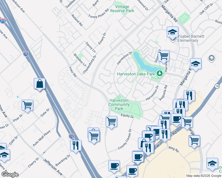 map of restaurants, bars, coffee shops, grocery stores, and more near 40334 Corrigan Place in Temecula