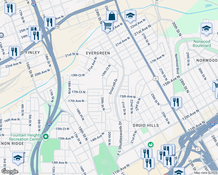 map of restaurants, bars, coffee shops, grocery stores, and more near 1605 20th Street North in Birmingham
