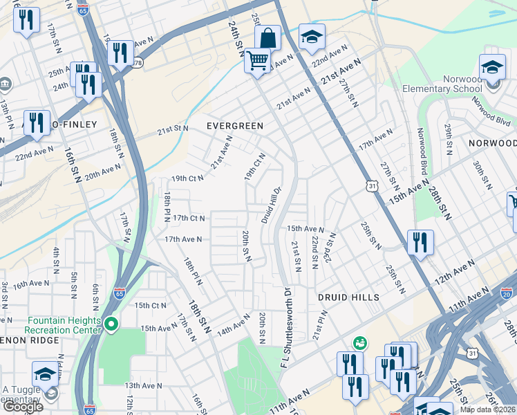map of restaurants, bars, coffee shops, grocery stores, and more near 1605 20th Street North in Birmingham