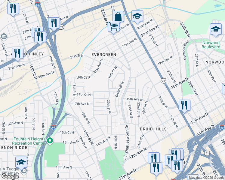 map of restaurants, bars, coffee shops, grocery stores, and more near 1605 20th Street North in Birmingham