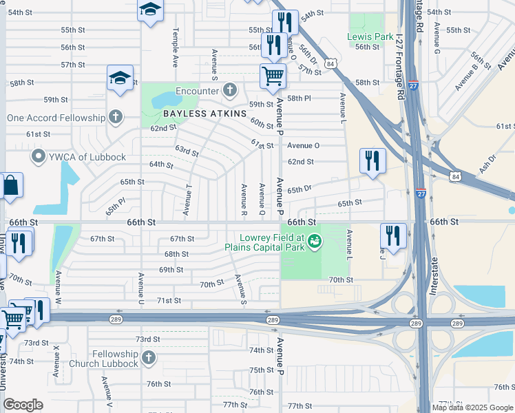 map of restaurants, bars, coffee shops, grocery stores, and more near 6504 Avenue Q in Lubbock