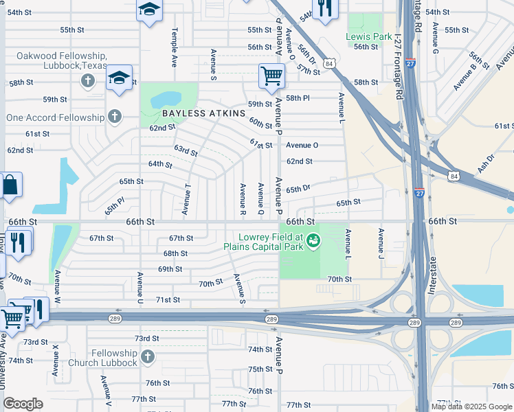 map of restaurants, bars, coffee shops, grocery stores, and more near 6504 Avenue Q in Lubbock